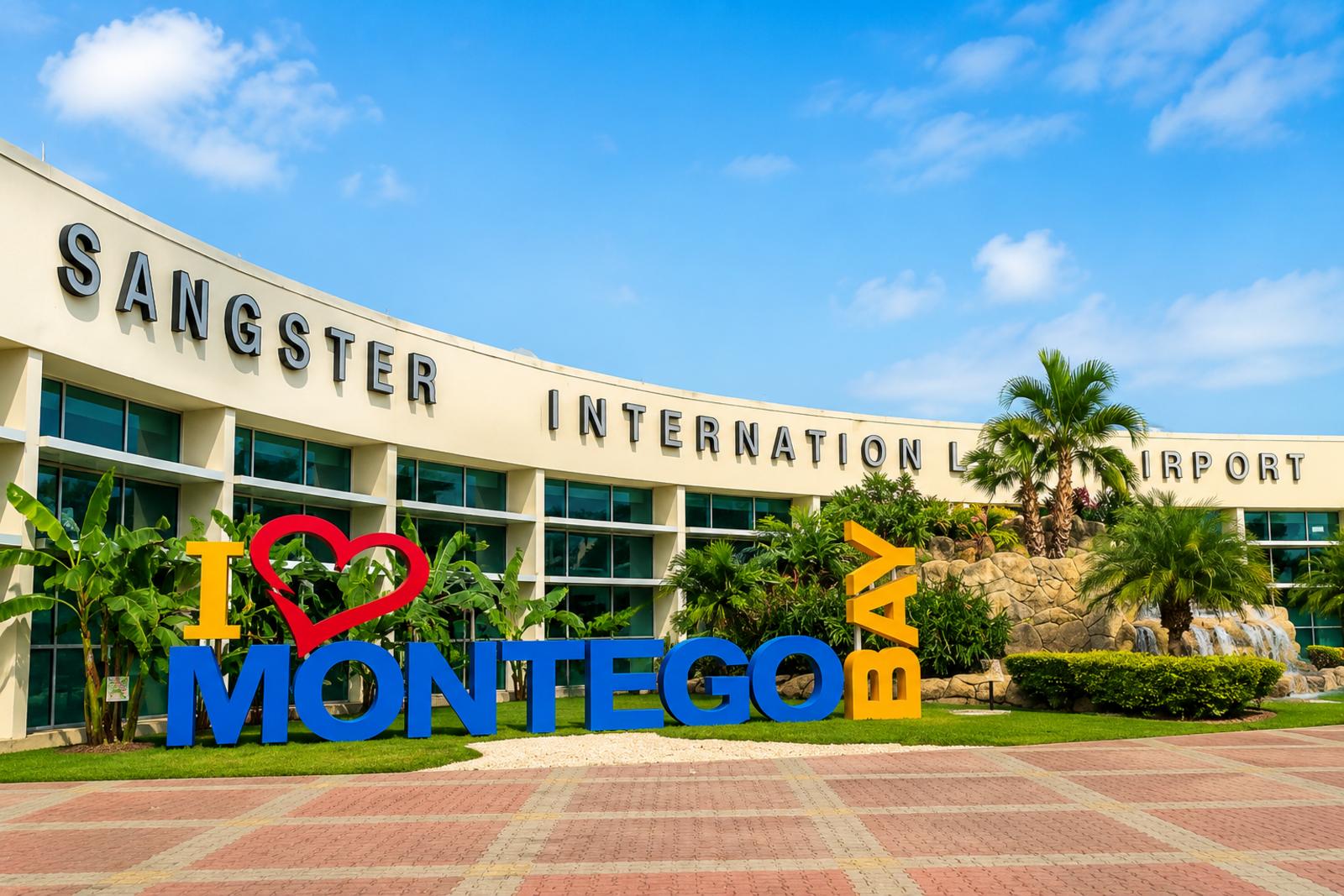 The arrivals terminal at Sangster International Airport, Montego Bay, with the I Love Montego Bay sign